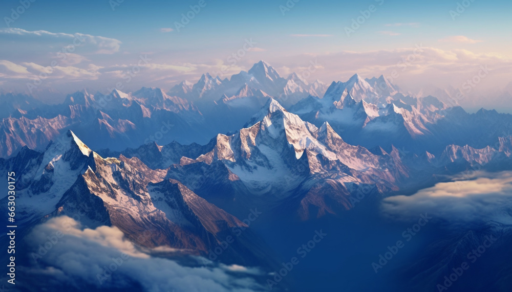 Majestic mountain range, panoramic view, extreme terrain, frozen beauty generated by AI