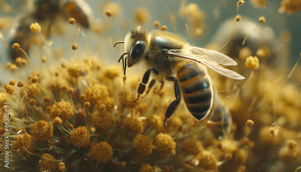 Busy honey bee collecting pollen from a yellow flower outdoors generated by AI