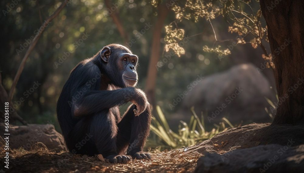 Cute young monkey sitting in the forest, looking at camera generated by AI