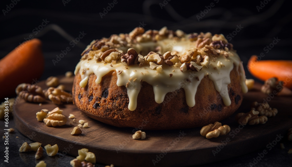 Freshly baked homemade chocolate dessert on rustic wooden cutting board generated by AI