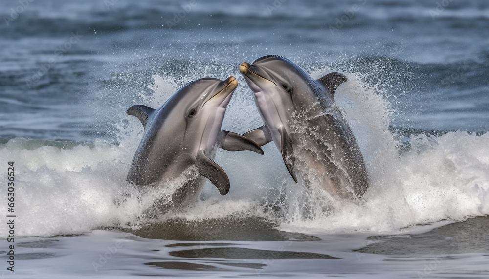 Playful dolphins jumping in the blue water, splashing and breaching generated by AI