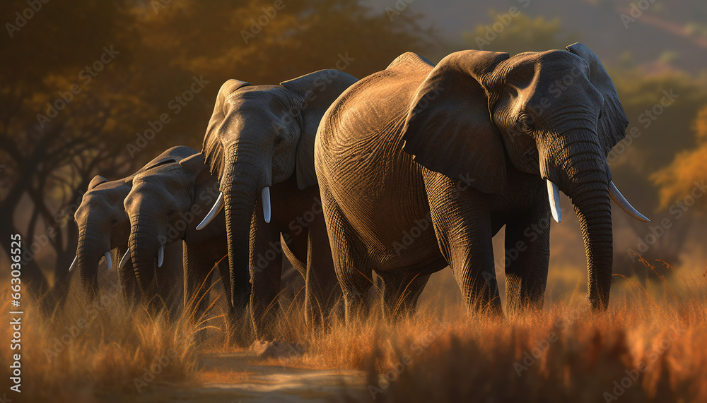 Elephants roam freely in the African wilderness, a majestic sight generated by AI