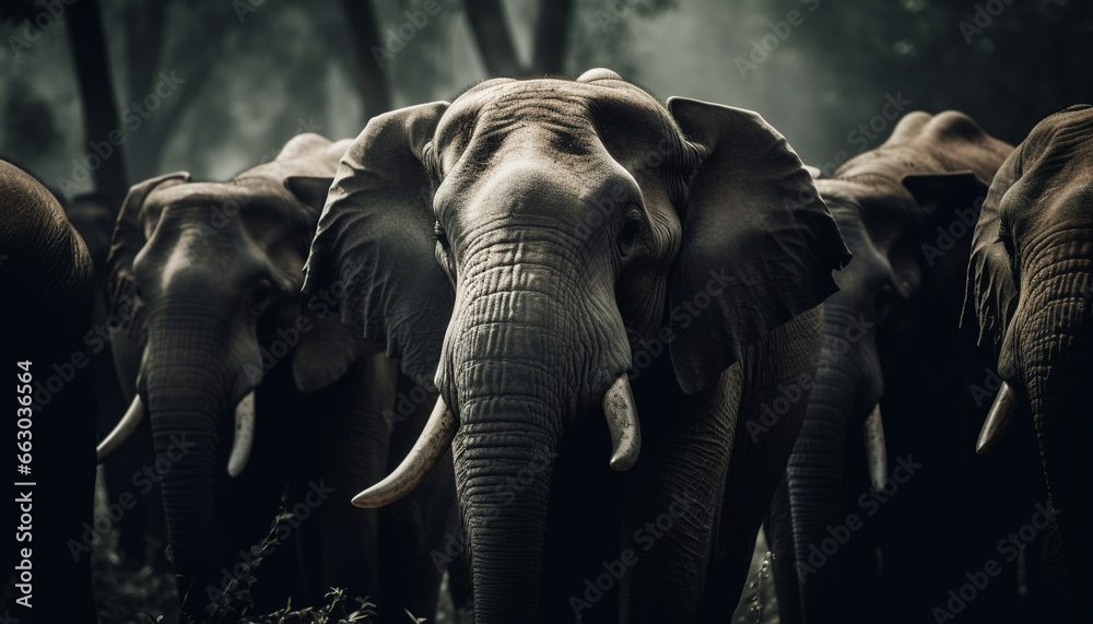 Elephant in the wild, walking in African rainforest, surrounded by herd generated by AI