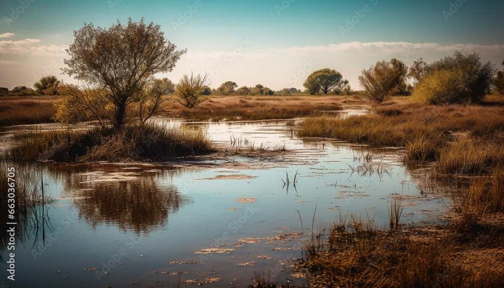 Tranquil scene  sunset reflects on blue water, tree in meadow generated by AI