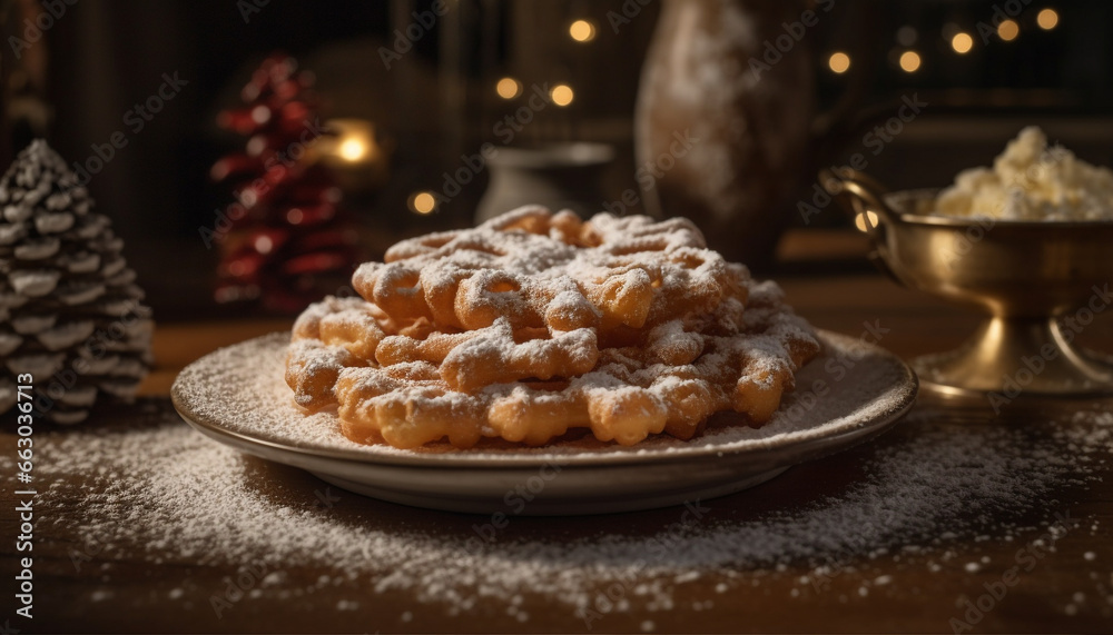 Homemade dessert on rustic table, a sweet indulgence for winter celebration generated by AI