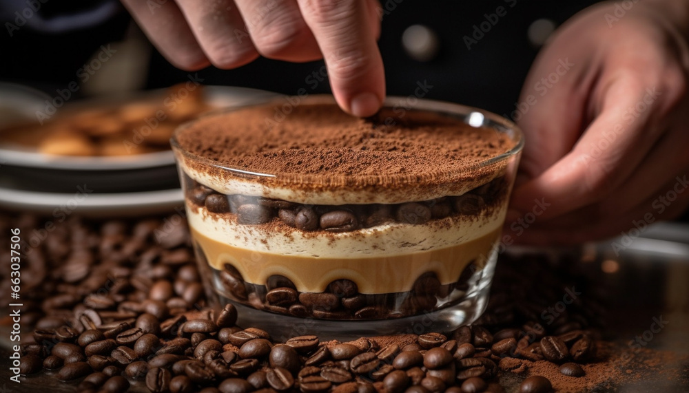 Freshness and sweetness in a homemade tiramisu, a gourmet dessert generated by AI