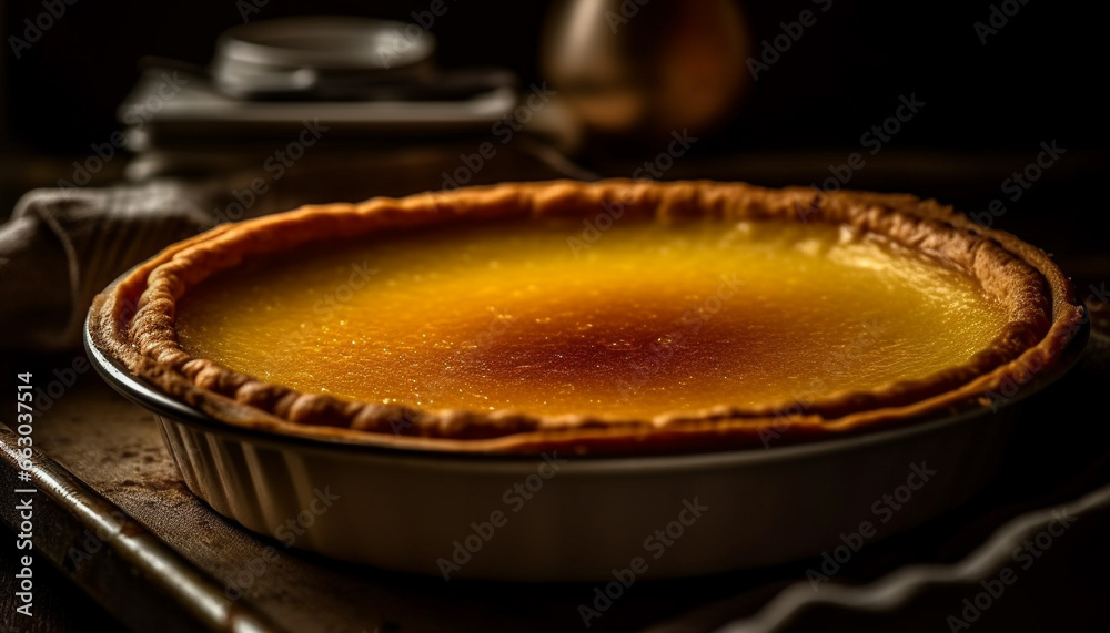 Freshly baked sweet pie on a rustic table, ready to indulge generated by AI