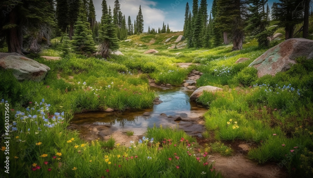 Tranquil scene of a mountain peak reflecting in a flowing pond generated by AI