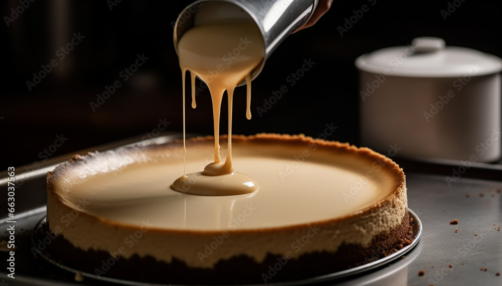 Sweet food pouring, freshness in gourmet kitchen, homemade baking preparation generated by AI