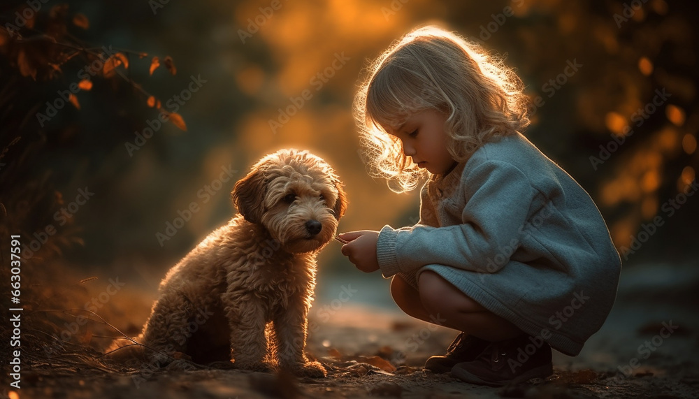 Cute small dog sitting, child smiling, nature beauty embracing innocence generated by AI