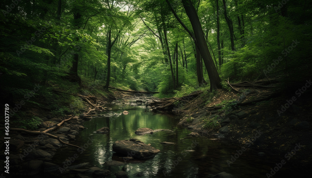 Tranquil scene of a lush green forest, flowing water reflects sunlight generated by AI