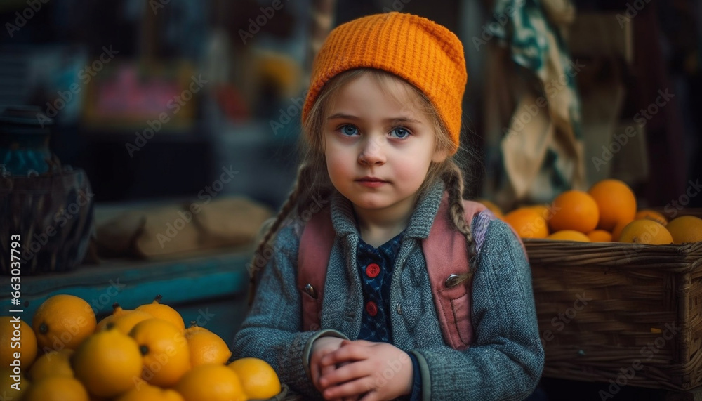 Smiling cute child sitting, looking at camera, holding orange fruit generated by AI