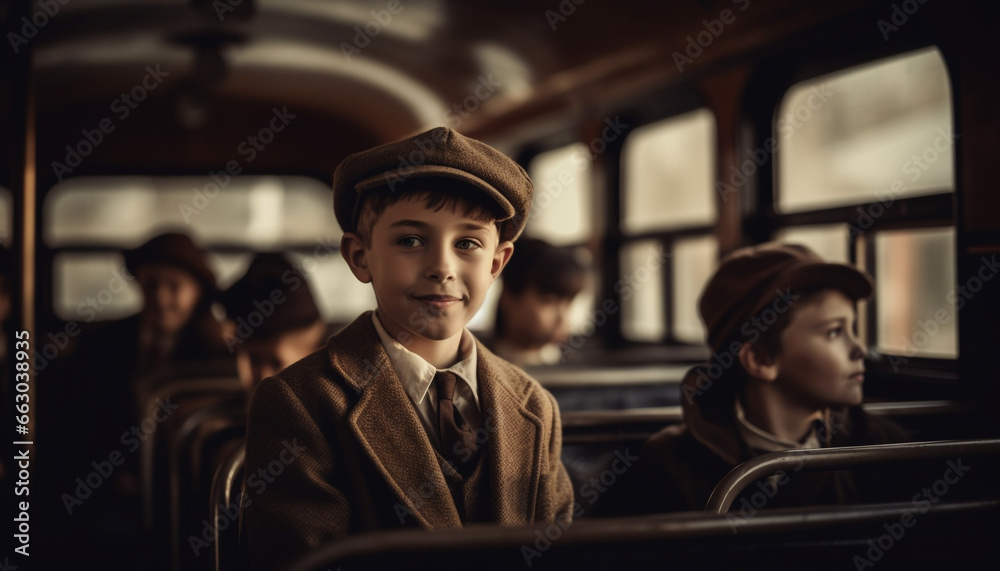 Smiling men, boys, and women on a bus journey together generated by AI