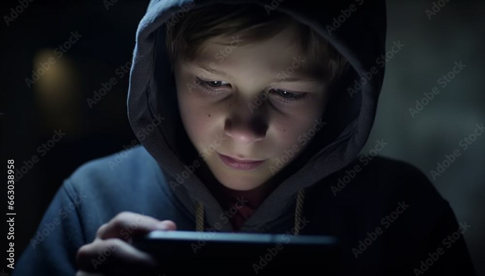 Sadness in childhood, a boy in dark clothing, looking at phone generated by AI