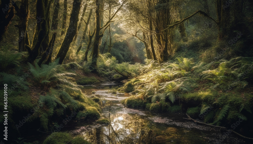 Tranquil scene of a wet autumn forest, green leaves glisten generated by AI