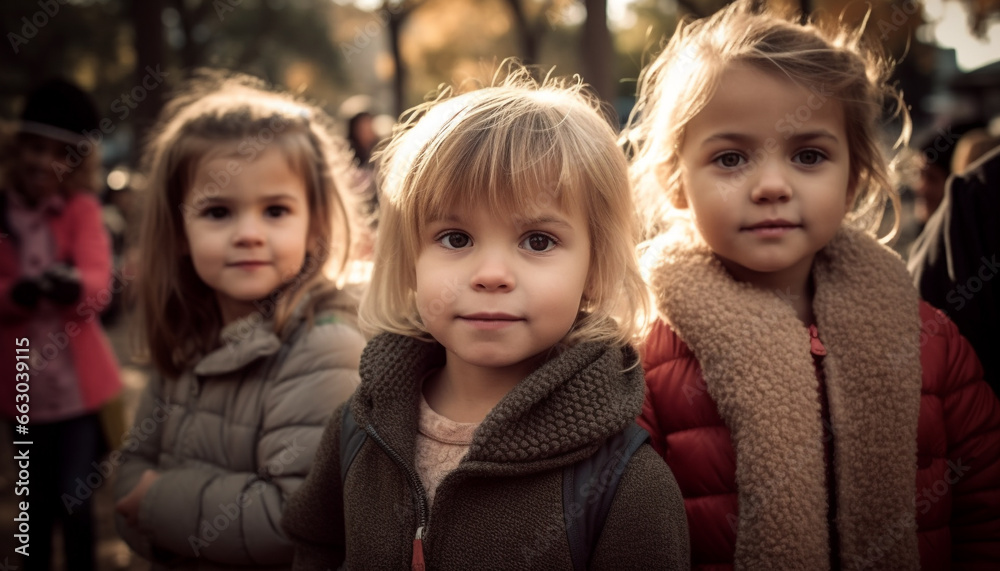 Smiling Caucasian children enjoying autumn, embracing nature beauty together generated by AI