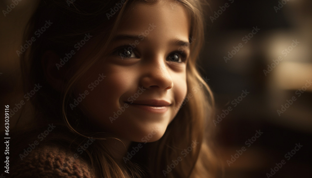 Smiling portrait of a cute, cheerful child radiating happiness generated by AI