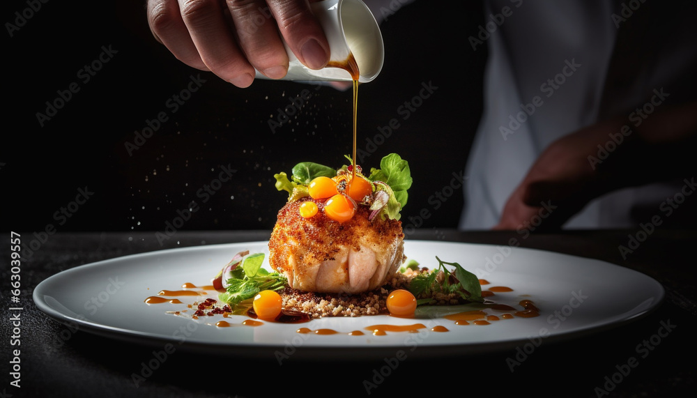 Freshness on a plate, gourmet meal cooked by a chef generated by AI