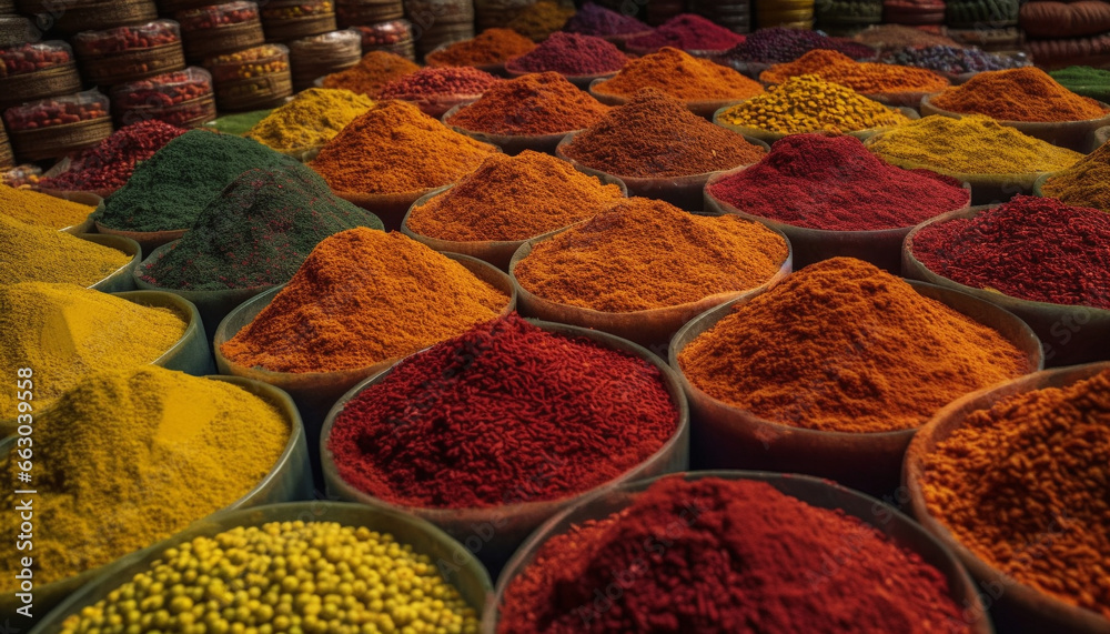 Spice store selling vibrant colors, variety, and scented culinary ingredients generated by AI