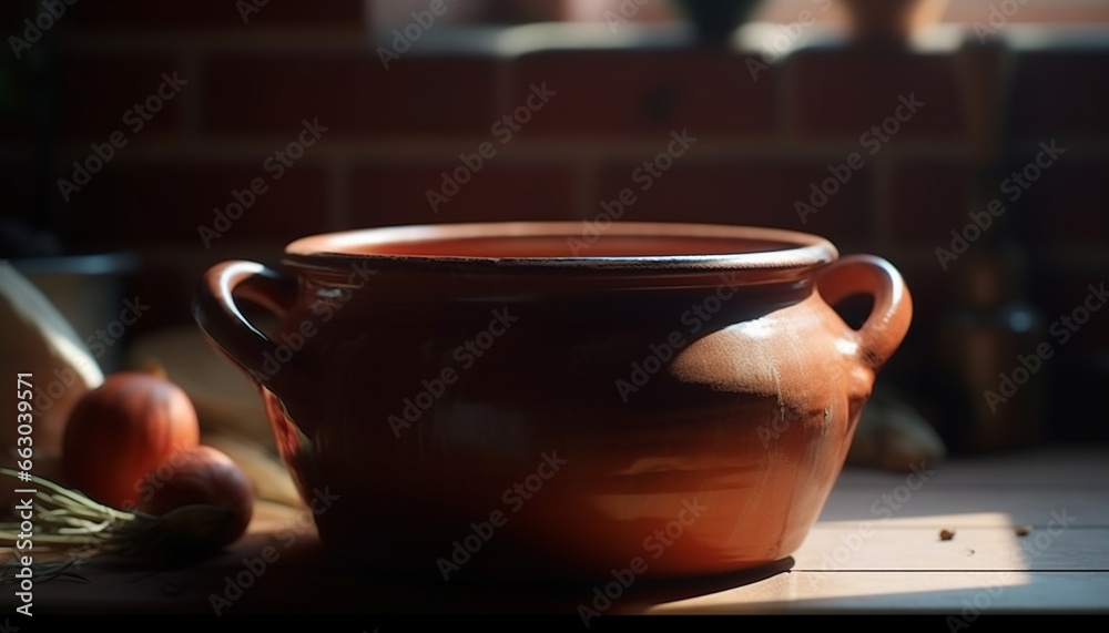 Pottery table clay food wood earthenware crockery bowl old fashioned ceramics generated by AI