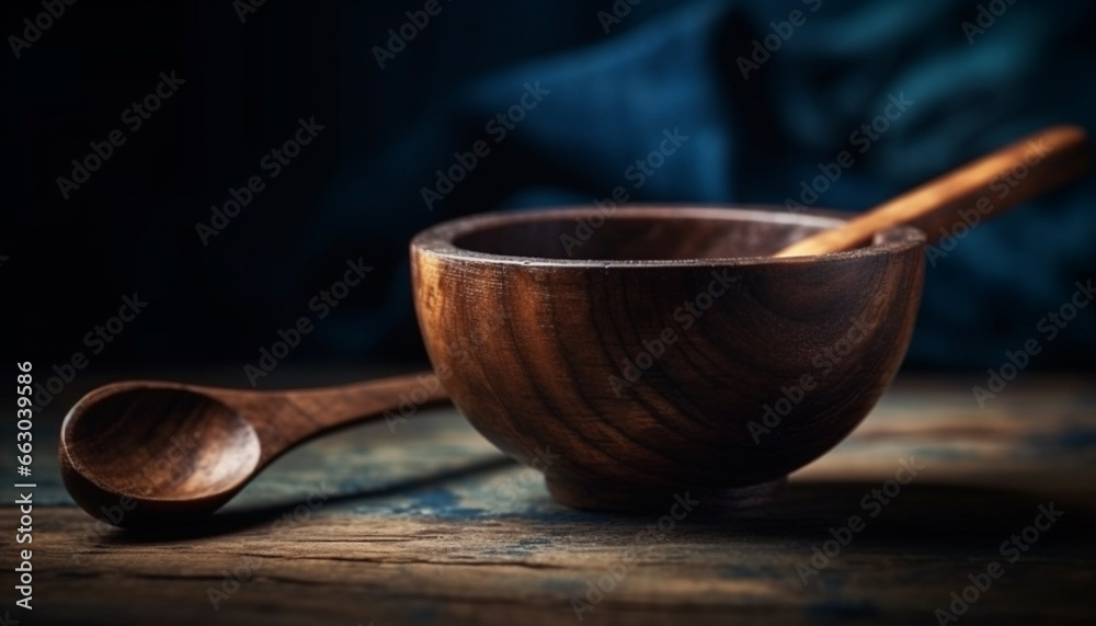 Wooden spoon, rustic table, old fashioned bowl, antique crockery, empty kitchen generated by AI