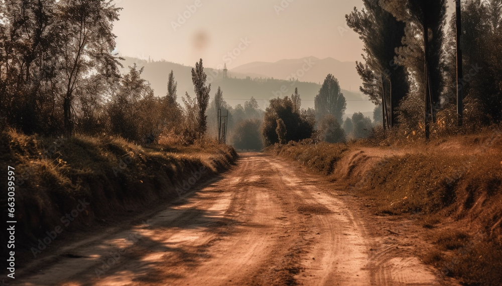 Tranquil scene  nature beauty, sunlight on green meadow, vanishing point generated by AI