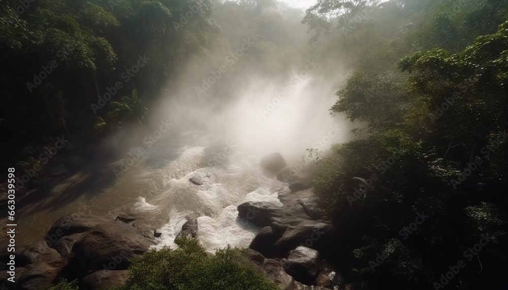 Tranquil scene  Wet forest, flowing water, mountain, and green landscape generated by AI