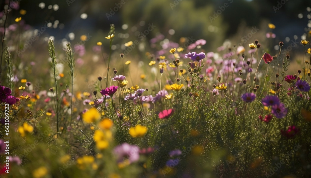 Vibrant purple wildflowers blossom in the tranquil meadow at dusk generated by AI