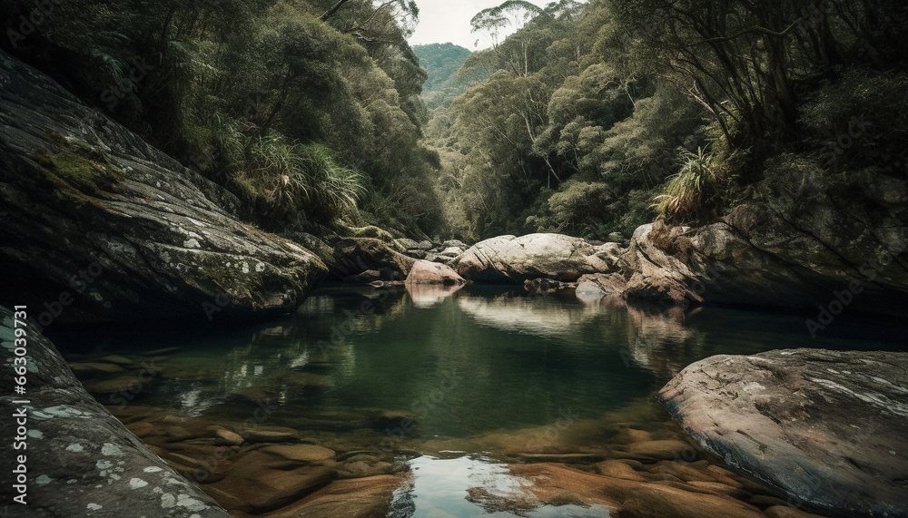 Tranquil scene of flowing water in a tropical rainforest ravine generated by AI