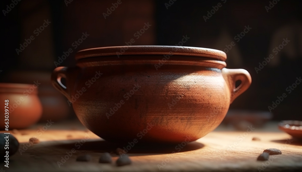 Pottery clay, earthenware wood, crockery bowl, old fashioned table craft rustic jug generated by AI