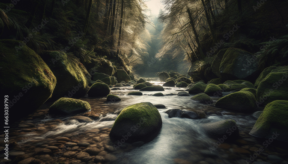 Tranquil scene  flowing water, green trees, and rocky mountains generated by AI