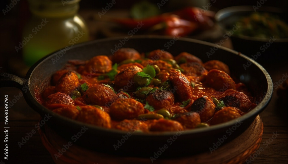 Freshness and gourmet meal on a rustic table, healthy eating generated by AI