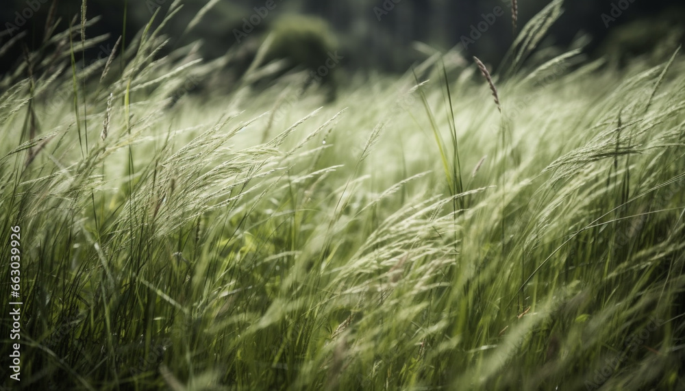 Nature beauty in summer  green meadow, fresh growth, and macro environment generated by AI