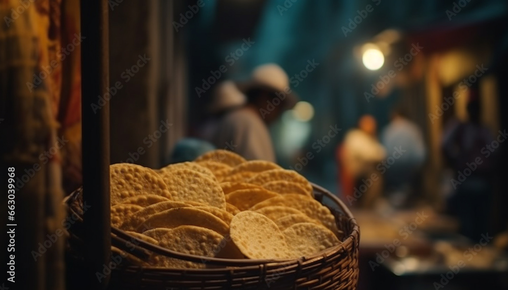 Women working in a city street market selling fresh food generated by AI