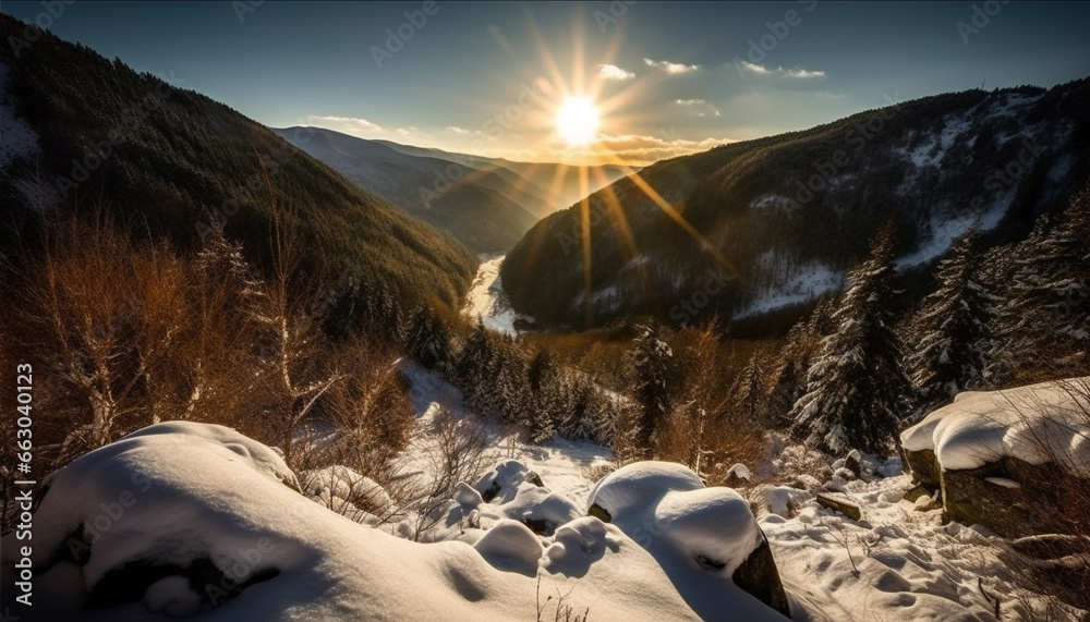 Tranquil scene  snow capped mountain peak, sunset, frozen forest, panoramic beauty generated by AI