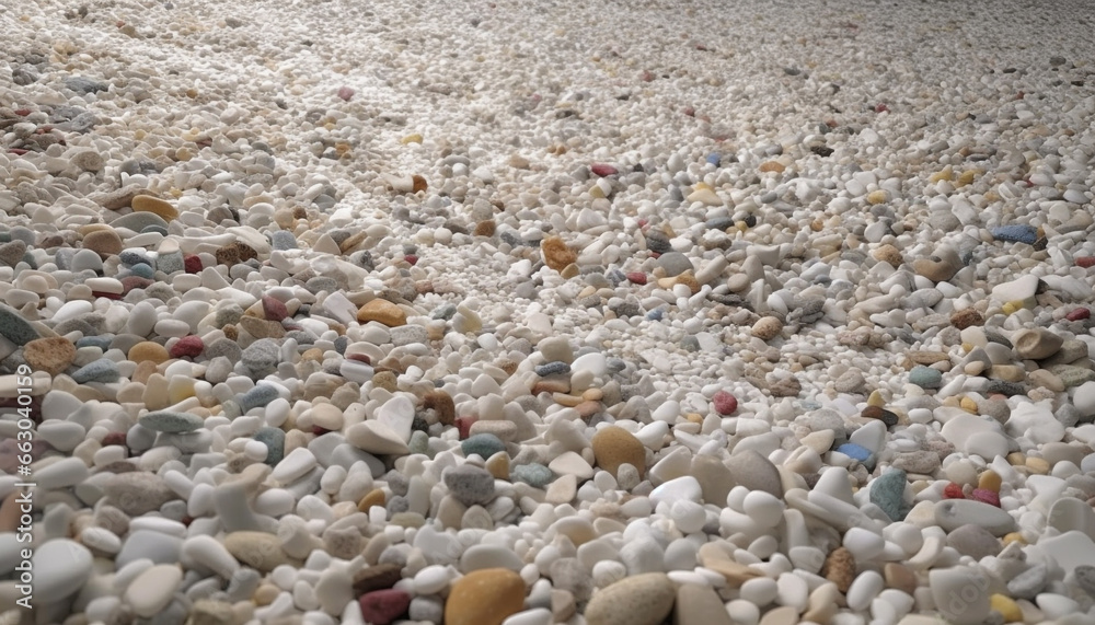 Pebble coastline, summer water, sand rock heap, patterned macro landscape generated by AI