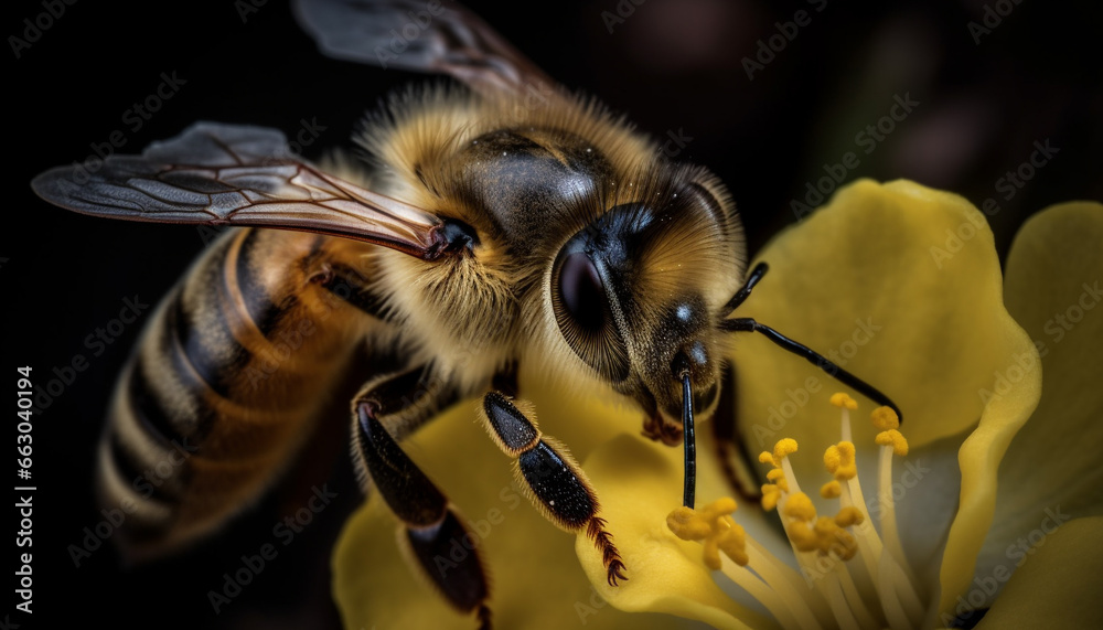 Busy honey bee collecting pollen from a beautiful flower in springtime generated by AI