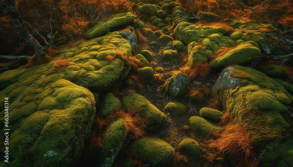 Tranquil scene of autumn forest, wet leaves, and flowing water generated by AI