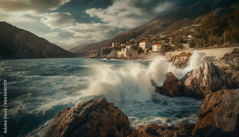 Sunset paints the sky, waves crash on rocky coastline generated by AI