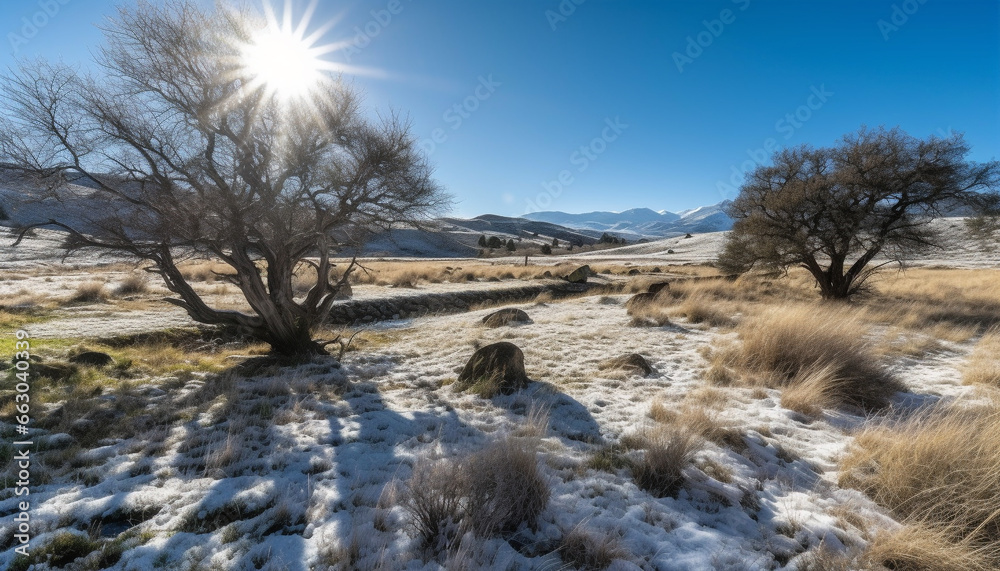 Nature beauty  landscape, tree, grass, mountain, sun, sunlight, winter generated by AI