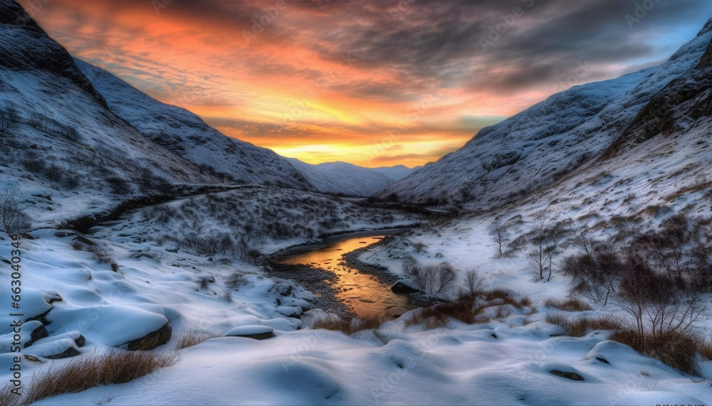 Snow capped mountains reflect in tranquil frozen water, a majestic winter landscape generated by AI