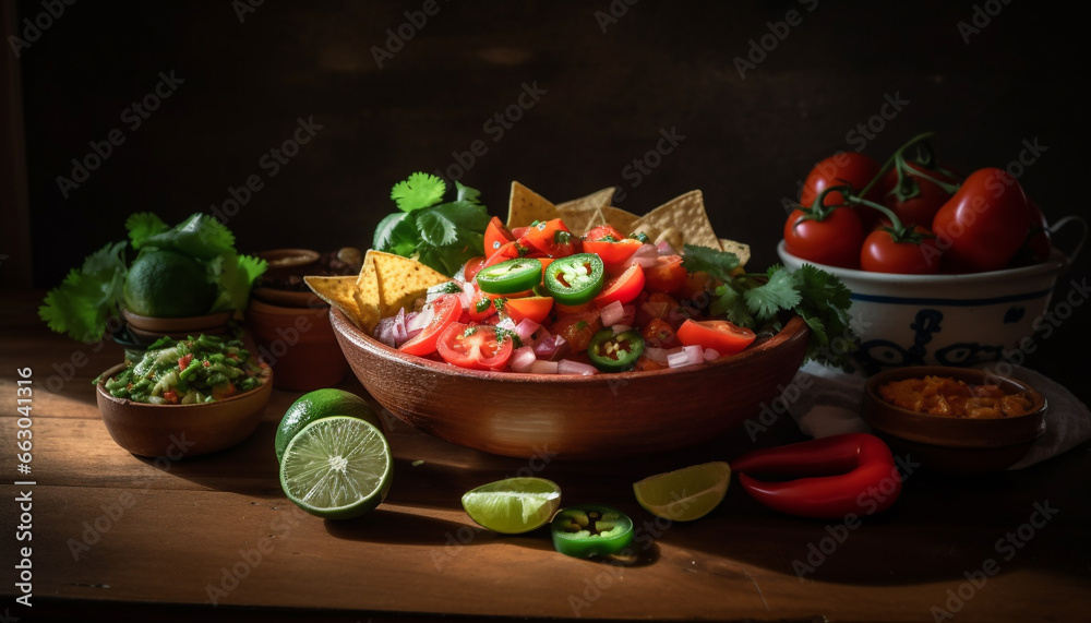 Freshness on a wooden table  healthy eating, salad, gourmet, organic, vegetarian food generated by AI