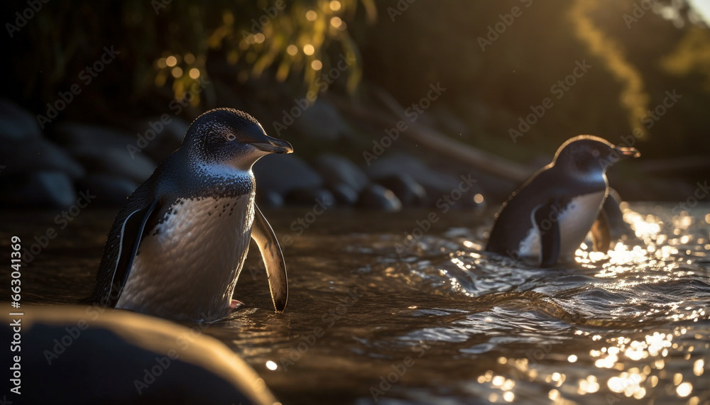 Penguin waddling on ice, gazing at tranquil sunset reflection generated by AI