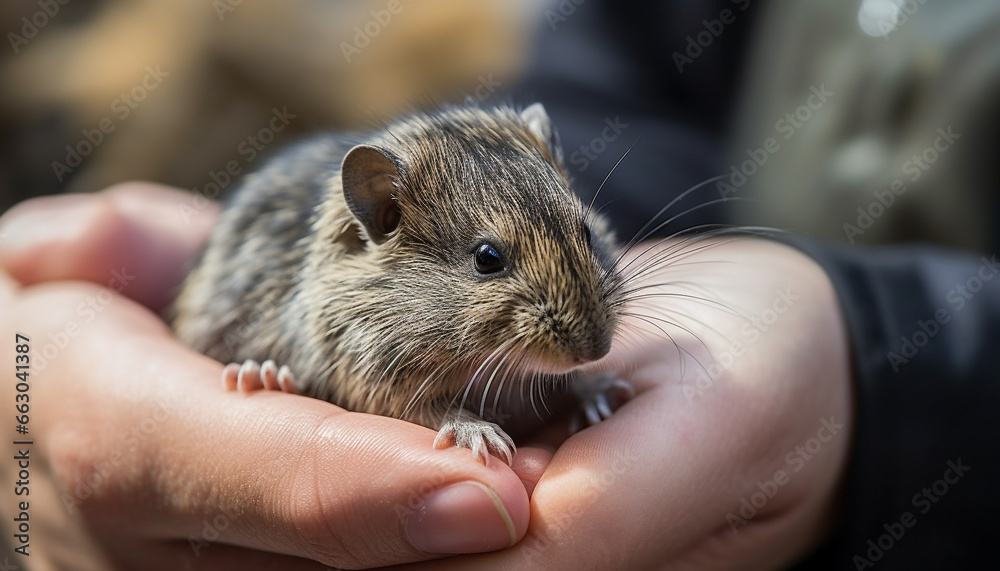 Cute small pets, a rodent, held by a human hand generated by AI