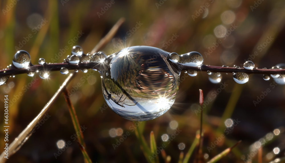 Fresh green leaf reflects dew, nature beauty in transparent sphere generated by AI