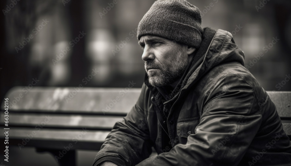 A lonely man sitting on a bench, looking away in sadness generated by AI