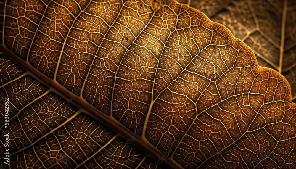 Vibrant autumn leaf veins create a beautiful organic pattern in nature generated by AI