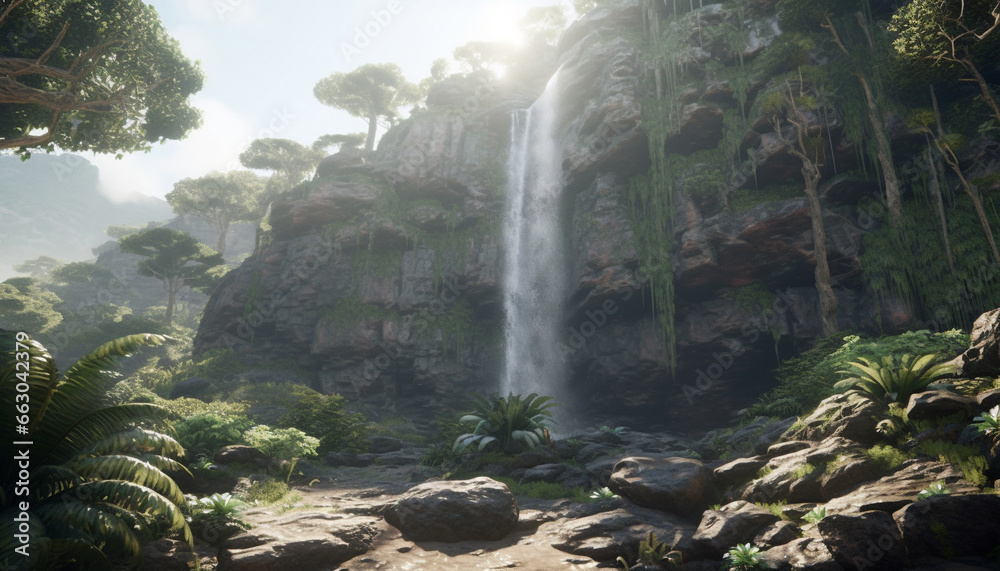 Tranquil scene  flowing water, green trees, and tropical rainforest beauty generated by AI