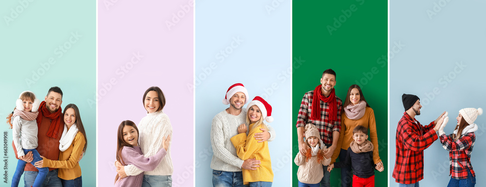 Set of people in winter clothes on color background. Christmas celebration