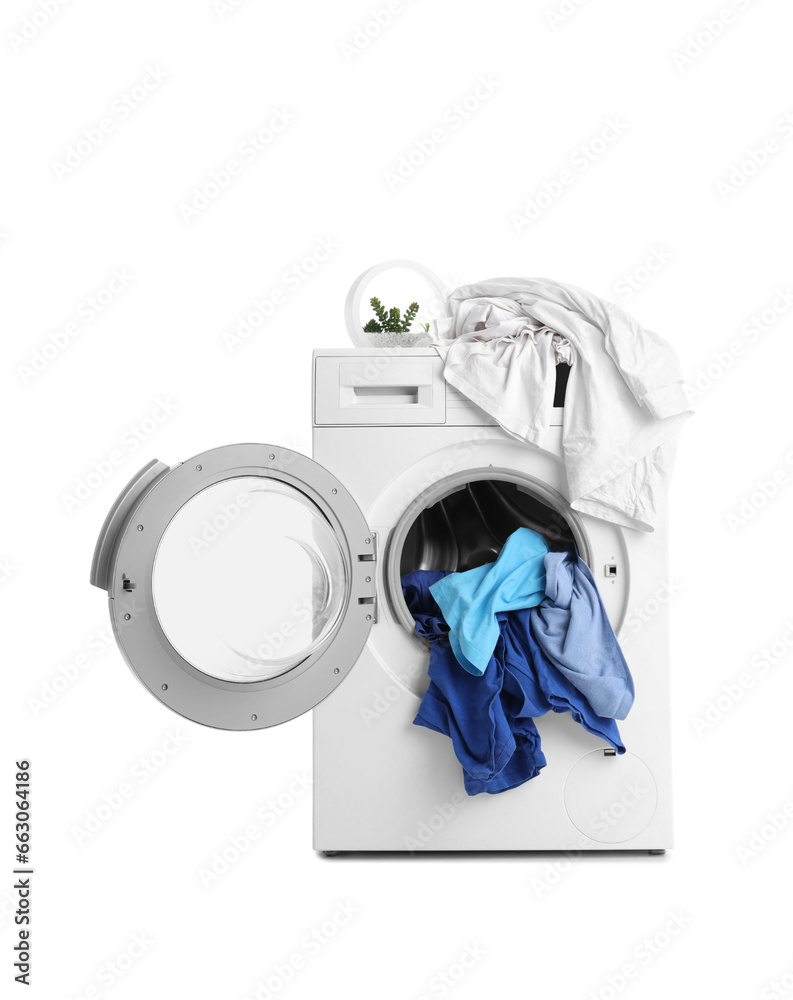 Washing machine with dirty clothes on white background